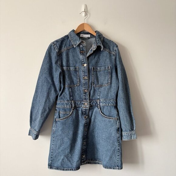 Zara Denim Mini Dress Long Sleeves Size Large Blogger Favorite - Picture 5 of 8